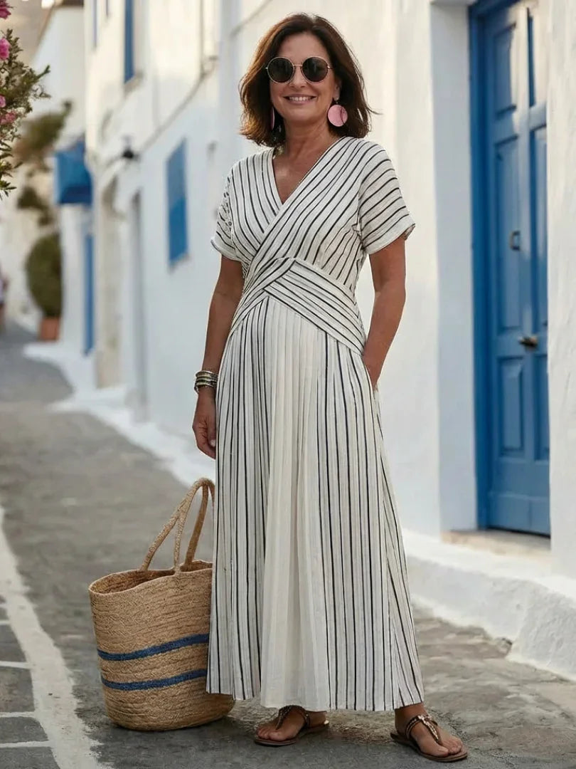 Women's V-Neck Cross Waist Midi Dress with Short Sleeves