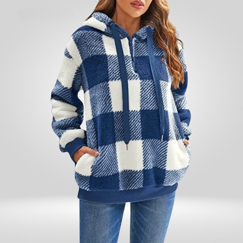 Stylish Women's Hoodie with Half Zip and Check Pattern