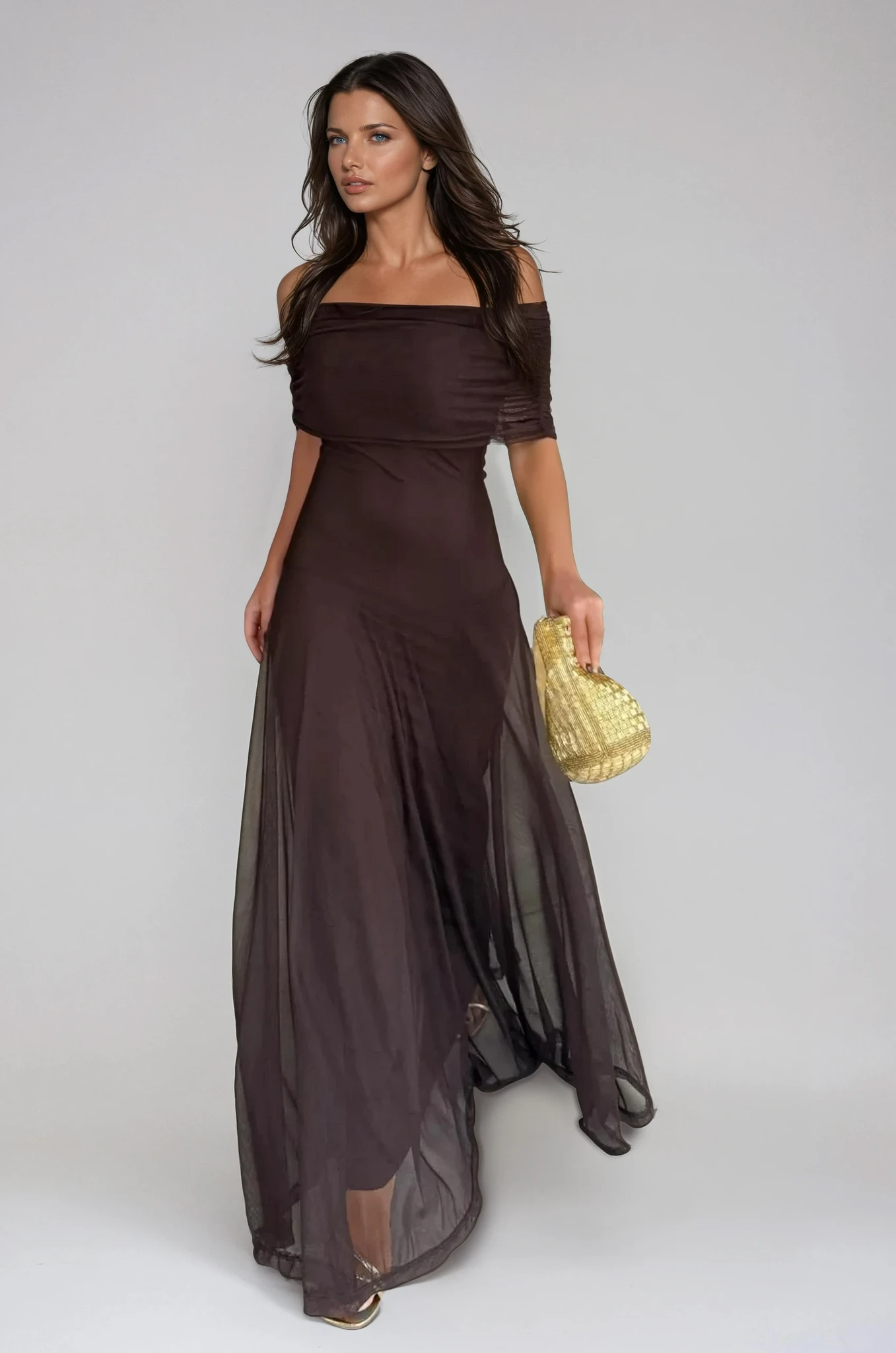 Women's Draped Bardot Maxi Dress with Elegant Floor-Length Silhouette