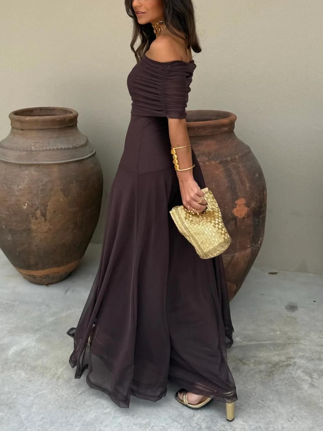 Elegant Women's Maxi Wedding Guest Dress with Mesh Overlay