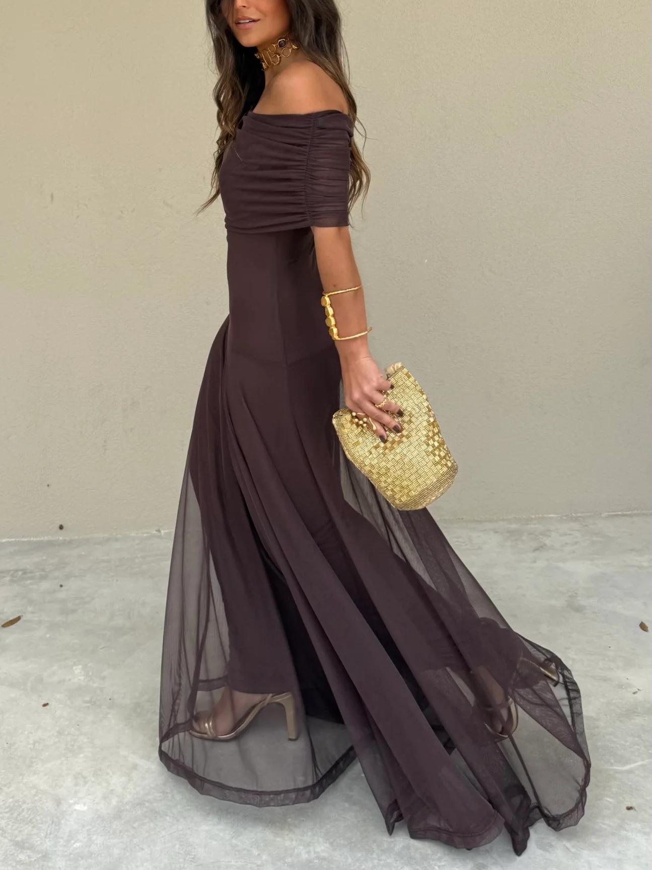 Elegant Women's Maxi Wedding Guest Dress with Mesh Overlay