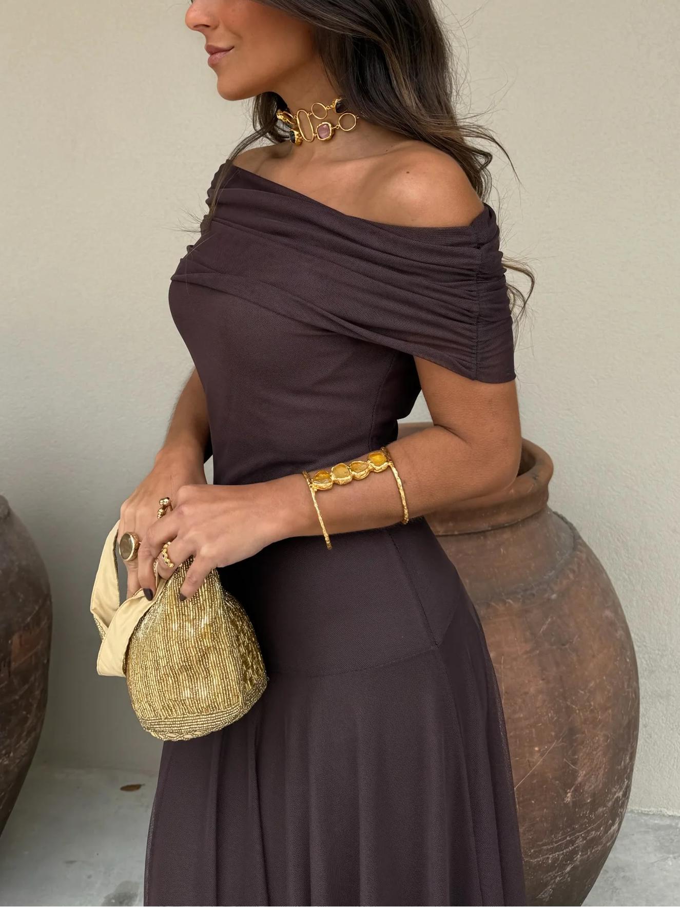 Elegant Women's Maxi Wedding Guest Dress with Mesh Overlay
