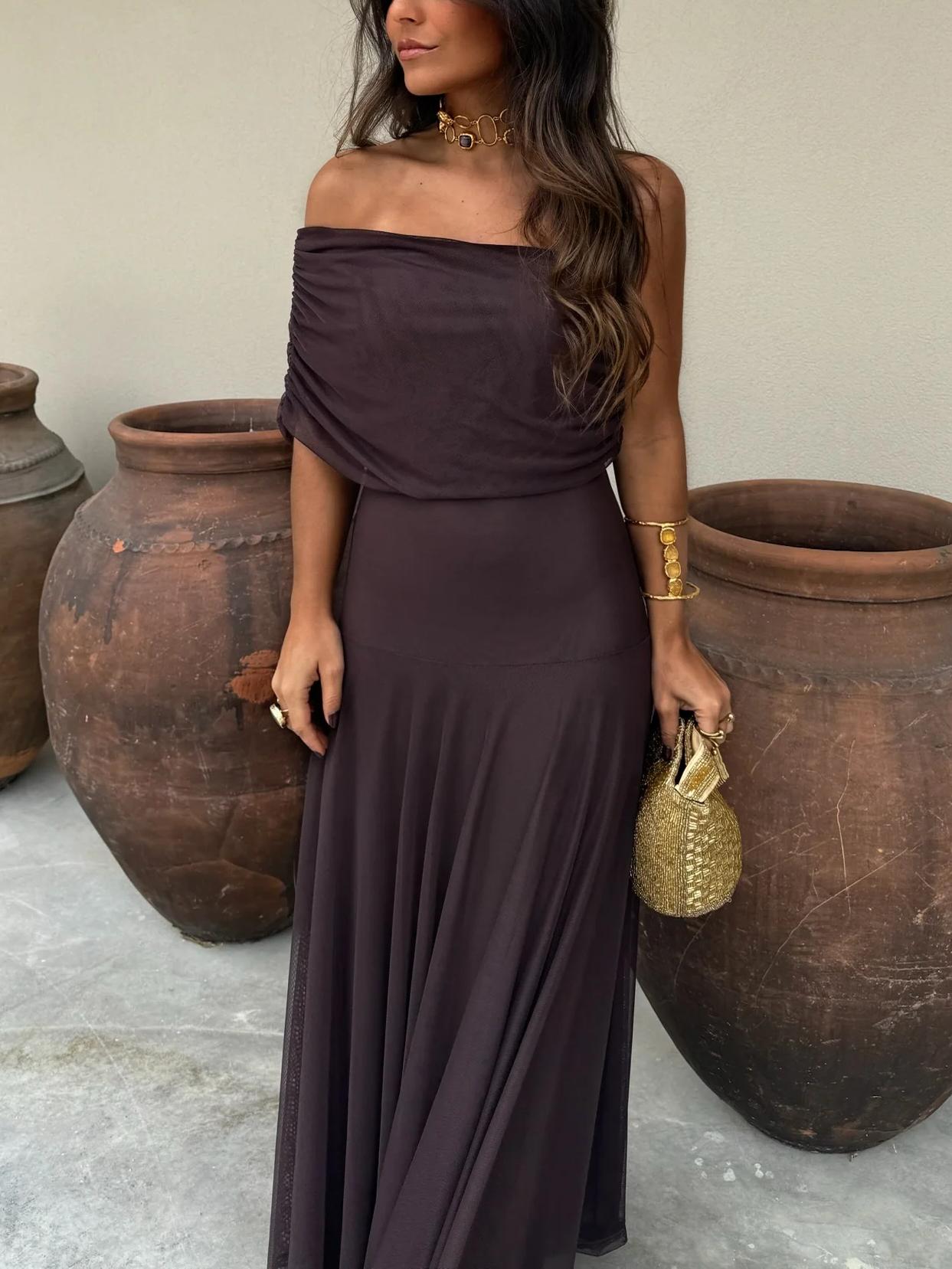 Women's Draped Bardot Maxi Dress with Elegant Floor-Length Silhouette