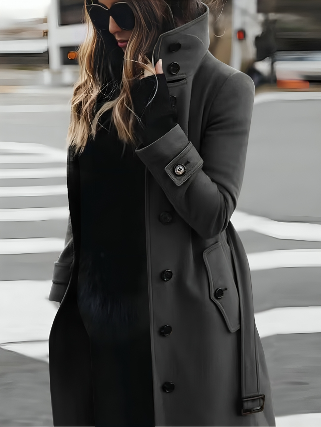 Stylish Long Women's Coat with High Collar and Elegant Bow Belt