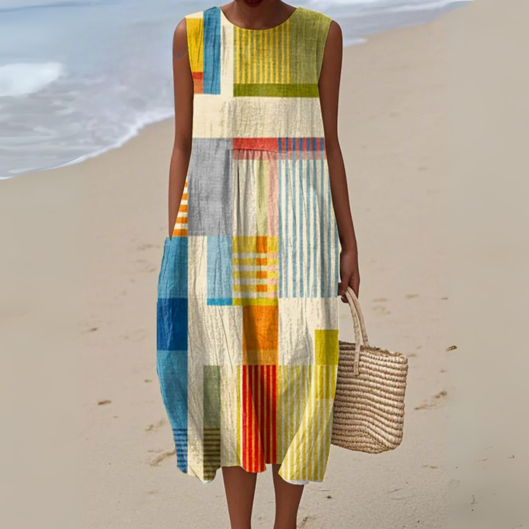 Women’s Abstract Patchwork Midi Dress with Artistic Style