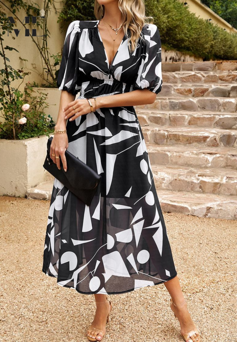 Floral V-Neck Midi Dress with Flowy Silhouette