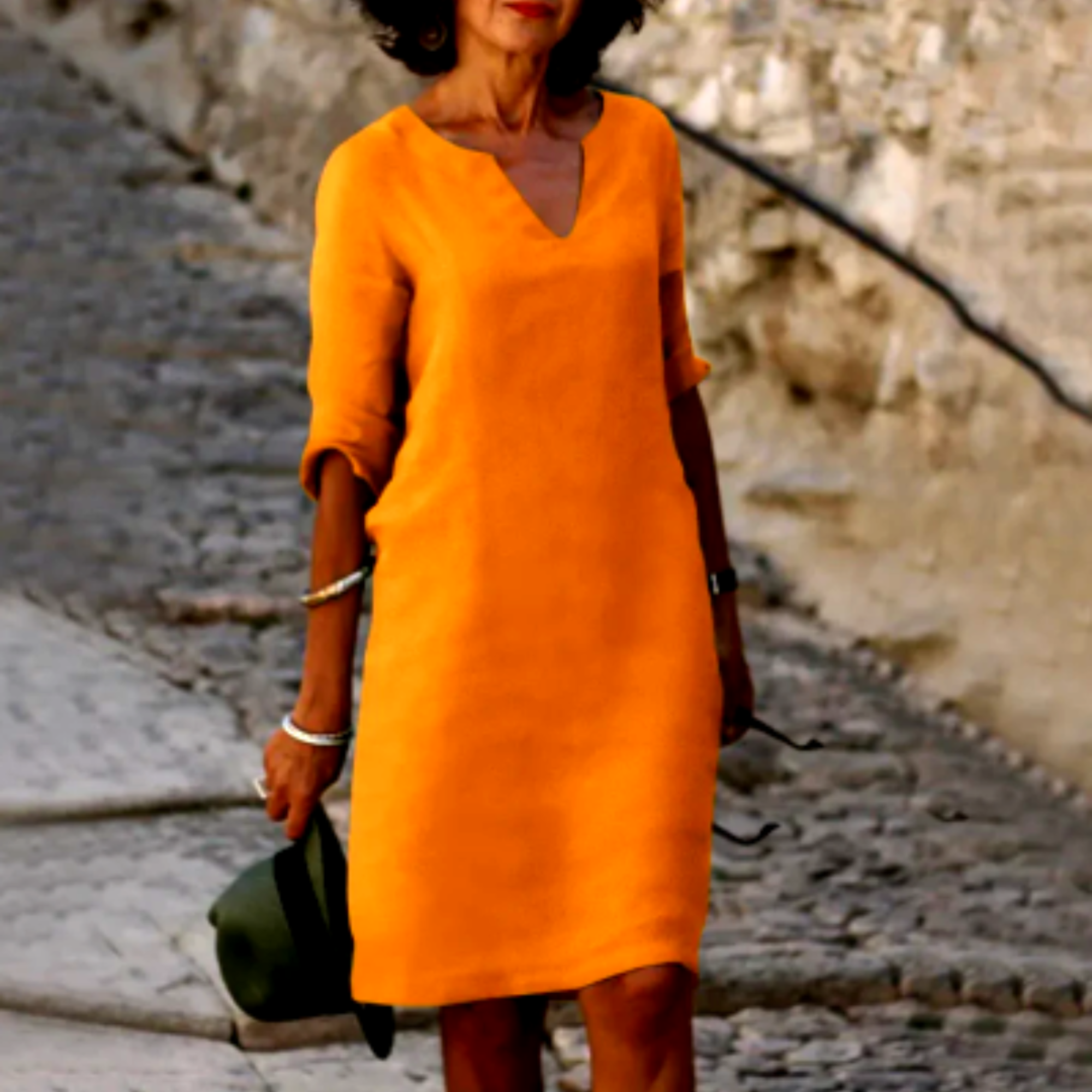 Women’s Relaxed V Neck Shift Dress with Three Quarter Sleeves