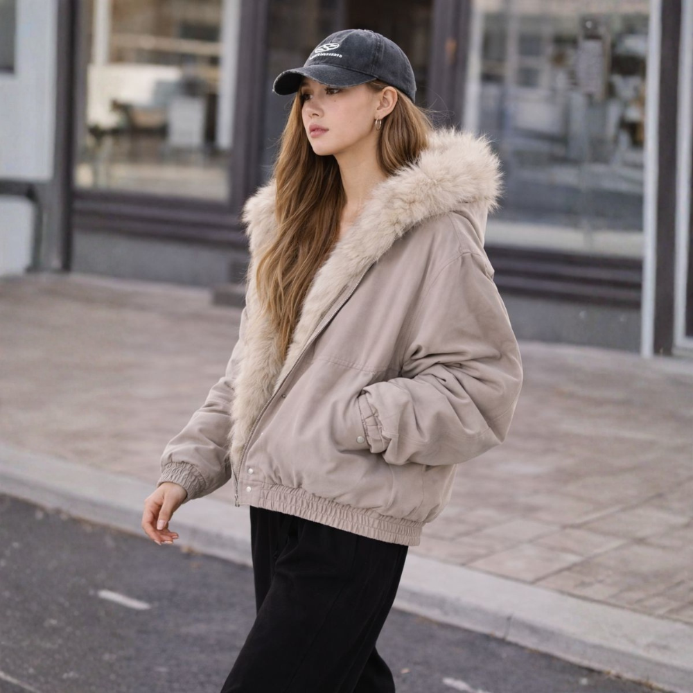 Women's Faux Fur Hooded Bomber Winter Jacket