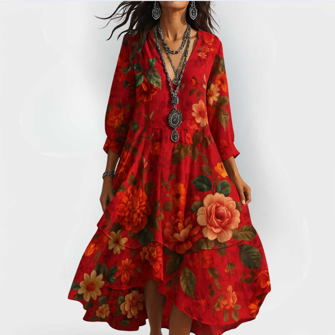 Women's Boho Floral Midi Dress with V-Neck & 3/4 Sleeves |