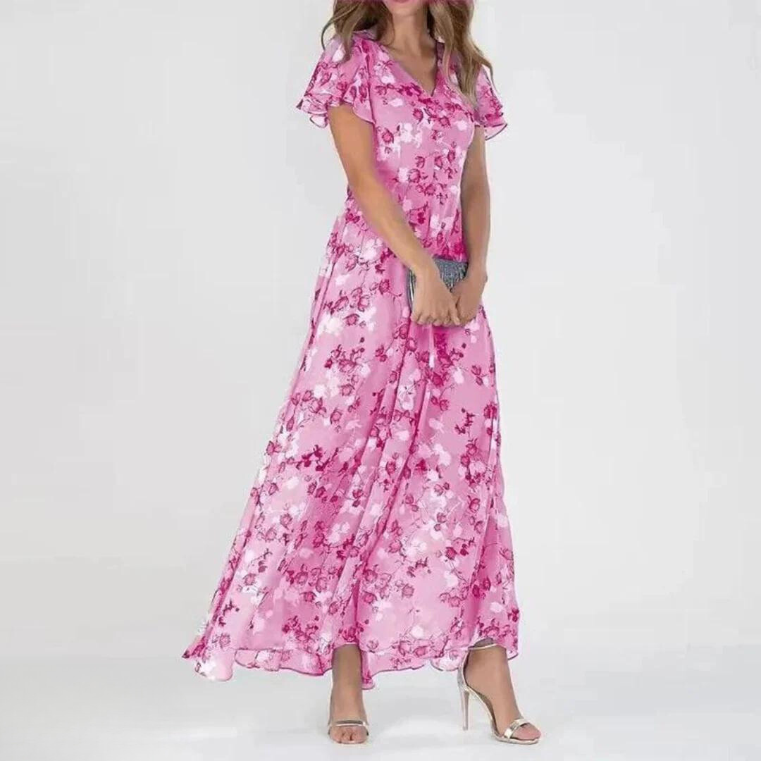 Women’s Floral Maxi Dress with Flutter Sleeves and Flowing A-Line Silhouette