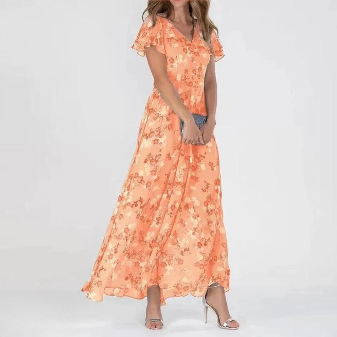 Women’s Floral Maxi Dress with Flutter Sleeves and Flowing A-Line Silhouette