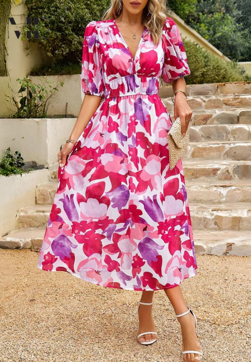Floral V-Neck Midi Dress with Flowy Silhouette