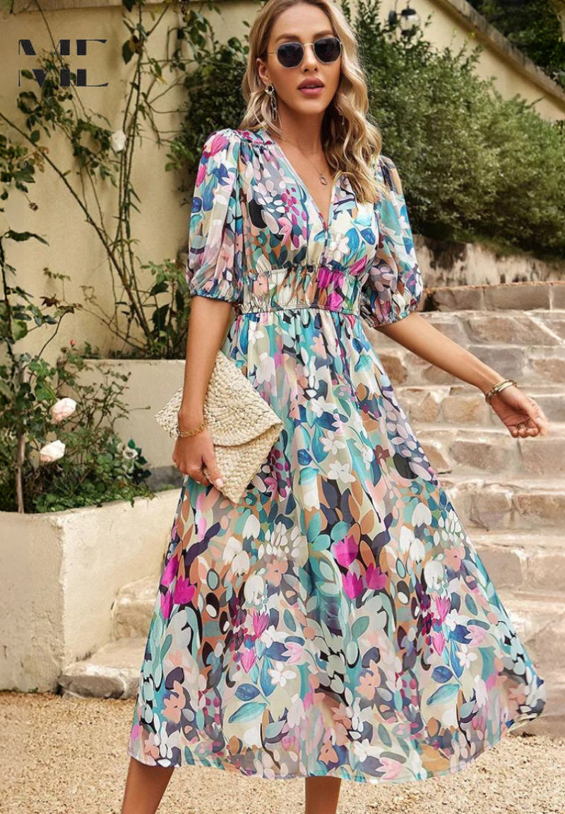 Floral V-Neck Midi Dress with Flowy Silhouette