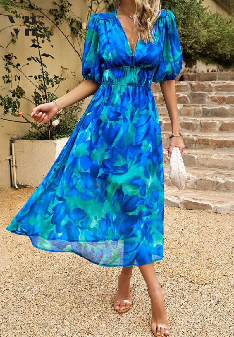 Floral V-Neck Midi Dress with Flowy Silhouette