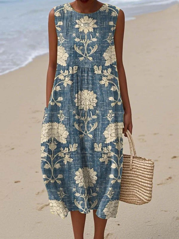 Women's Vintage Floral Sleeveless Midi Dress