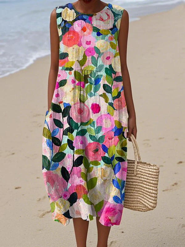 Floral Midi Dress Women Breathable