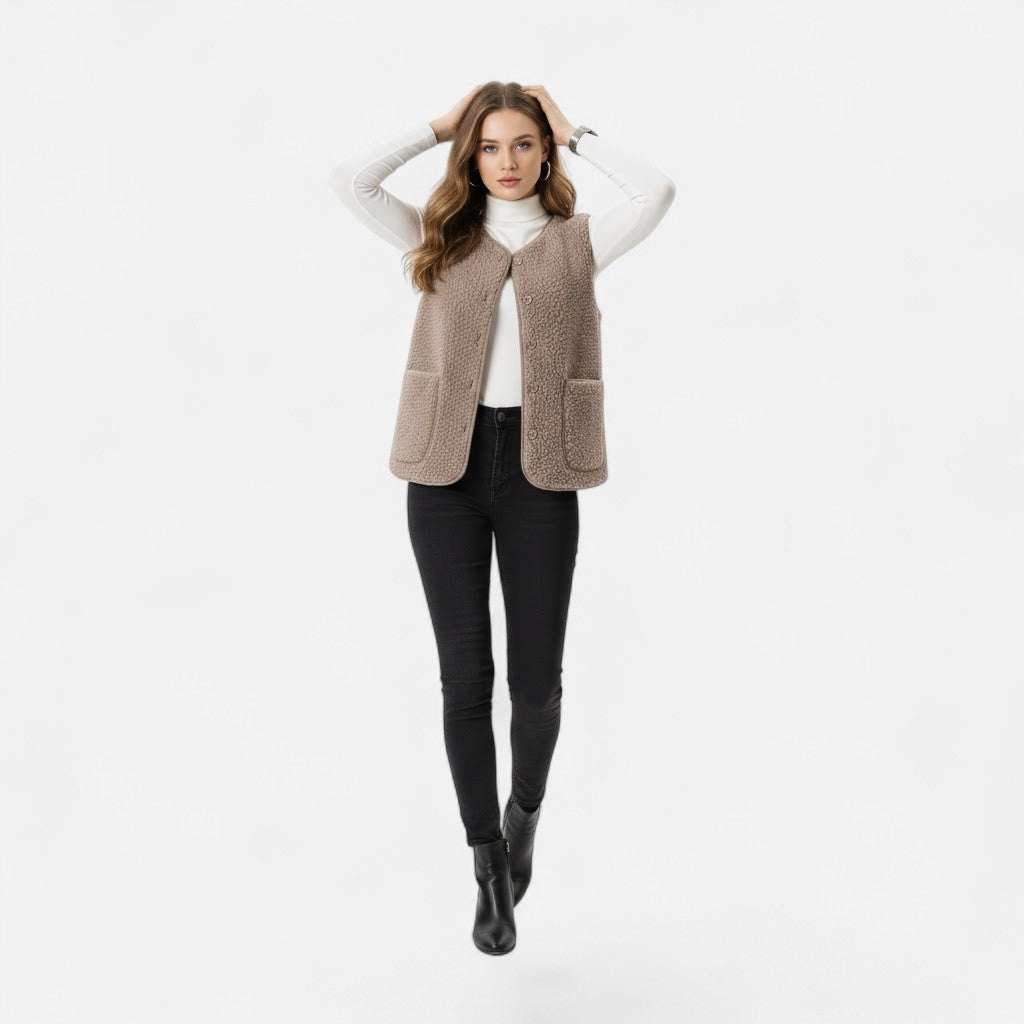 Women’s Teddy Fleece Cozy Sleeveless Button-Up Vest