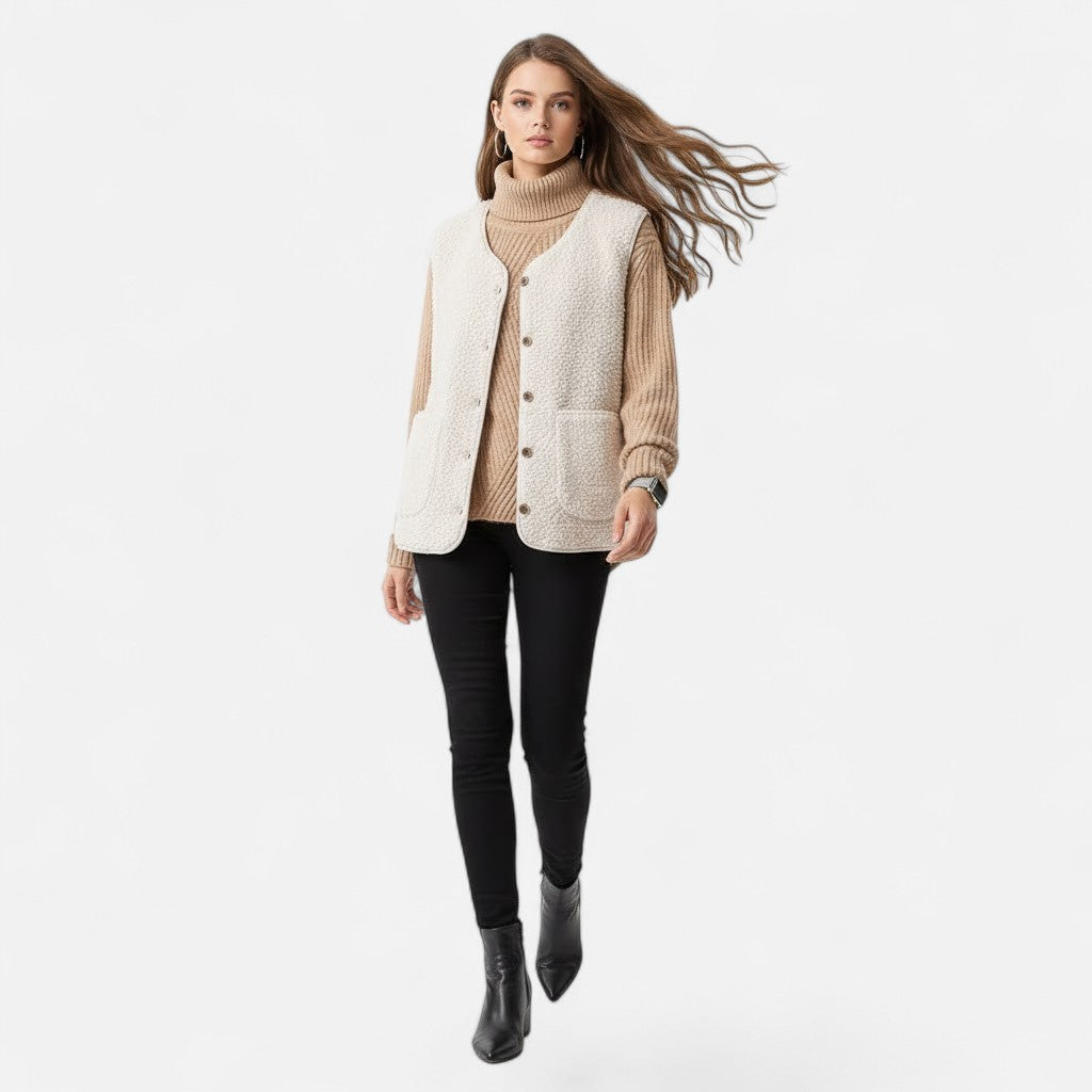 Women’s Teddy Fleece Cozy Sleeveless Button-Up Vest