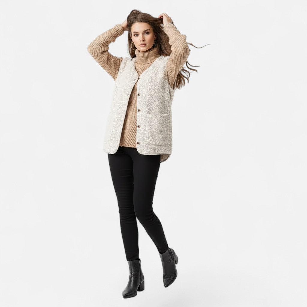 Women’s Teddy Fleece Cozy Sleeveless Button-Up Vest