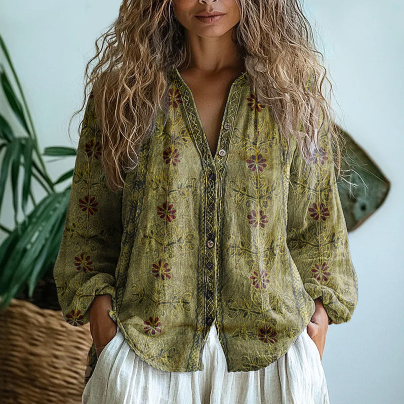 Women's Vintage Floral Print V-Neck Blouse