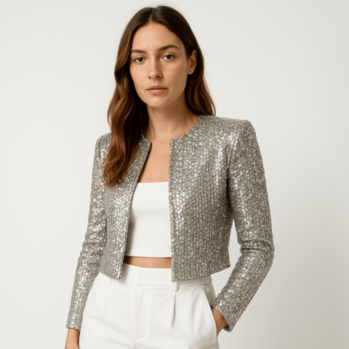 Women’s Sequin Cropped Blazer Jacket for Evening and Party Wear