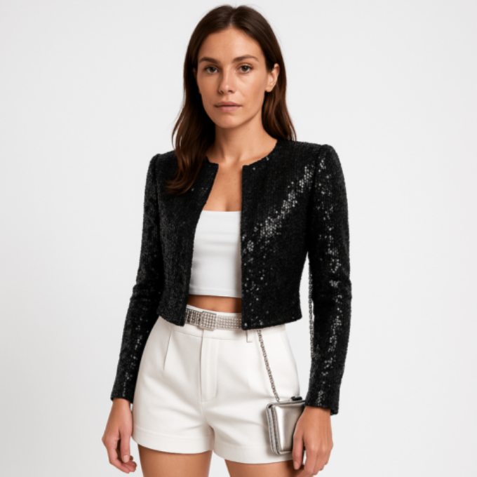 Women’s Sequin Cropped Blazer Jacket for Evening and Party Wear