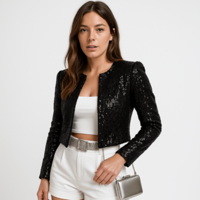 Women’s Sequin Cropped Blazer Jacket for Evening and Party Wear