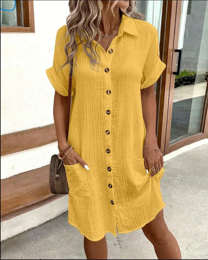 Women’s Casual Button-Front Shirt Dress with Pockets and Rolled Short Sleeves