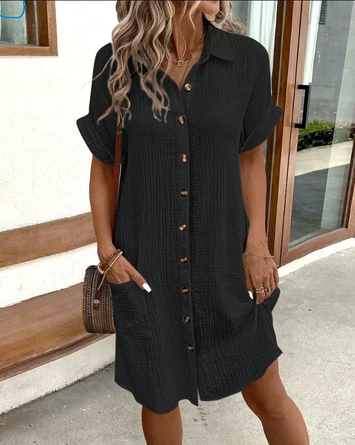 Women’s Casual Button-Front Shirt Dress with Pockets