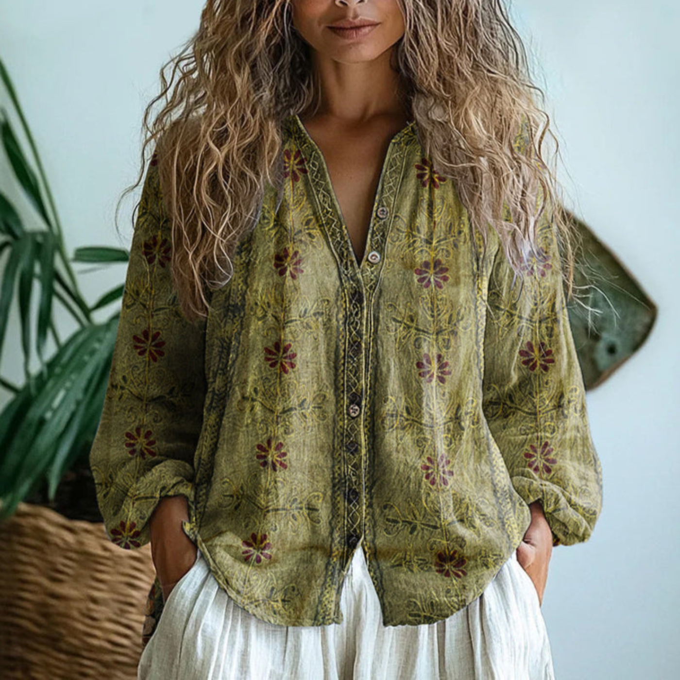 Long Sleeve Button-Down Blouse with Classic Collar and Relaxed Fit