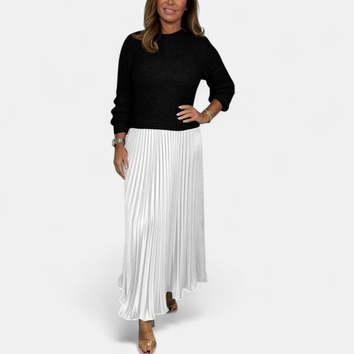 Women’s Long-Sleeve Pleated Knit Maxi Dress