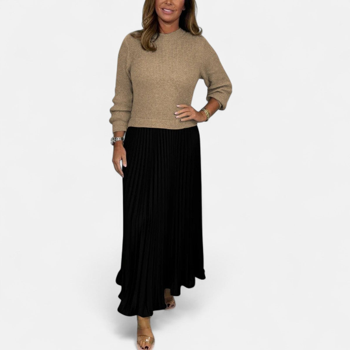 Women’s Long-Sleeve Pleated Knit Maxi Dress