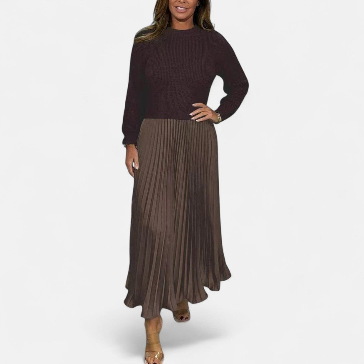 Women’s Long-Sleeve Pleated Knit Maxi Dress