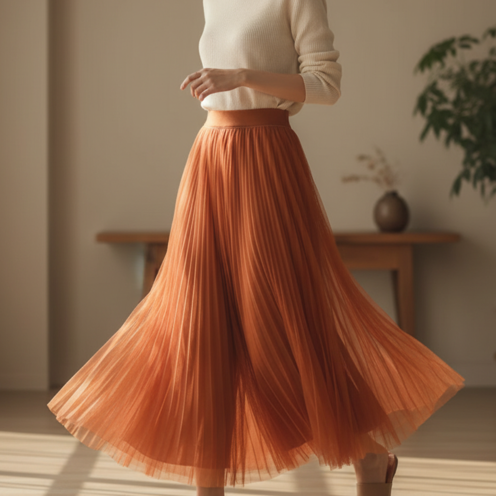 Women's High-Waisted Pleated Midi Skirt with Flowing Silhouette