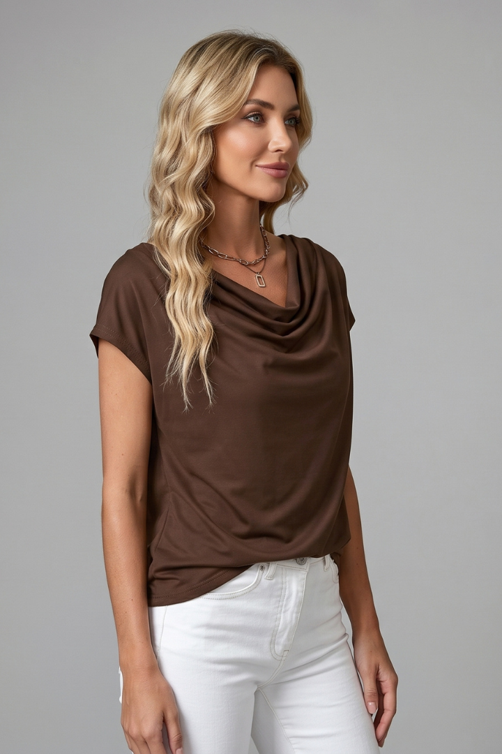 Women's Draped Cowl Neck Blouse Short Sleeves