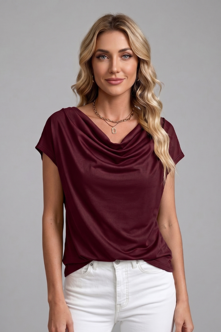Women's Draped Cowl Neck Blouse Short Sleeves