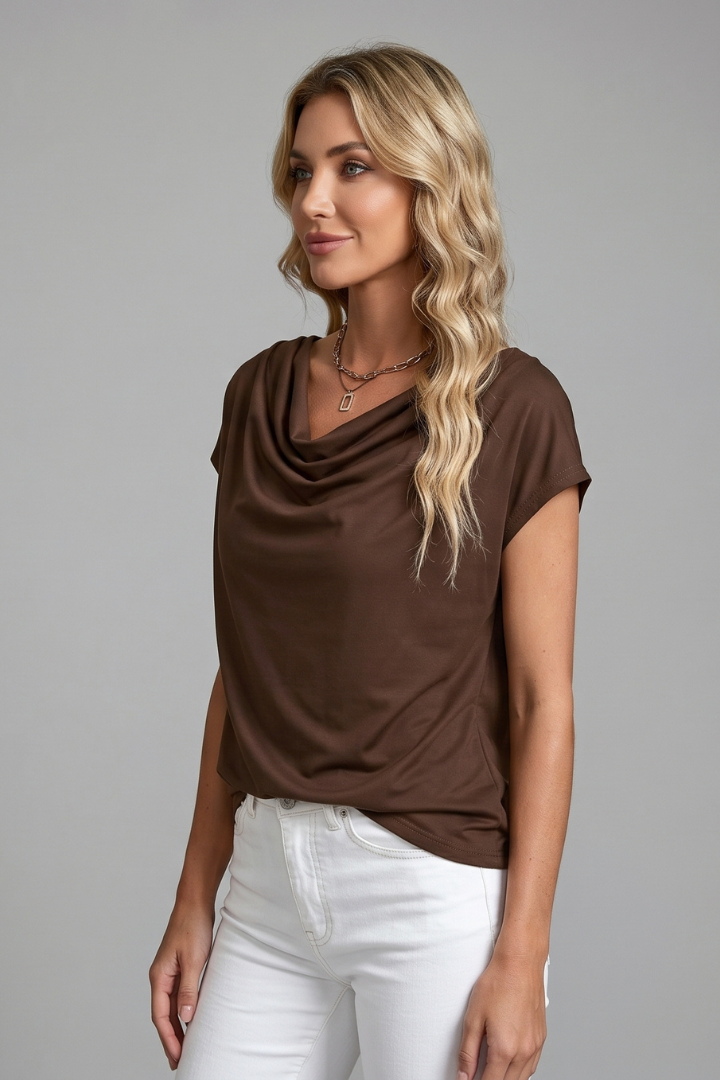 Women's Draped Cowl Neck Blouse Short Sleeves
