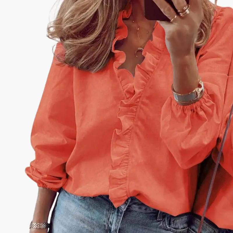 Women’s Ruffle V Neck Long Sleeve Button Blouse