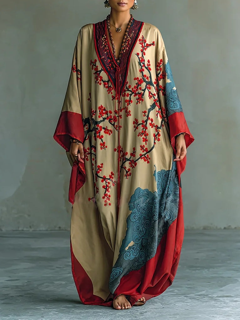 Women's Floral Japanese Plum Maxi Kaftan Dress