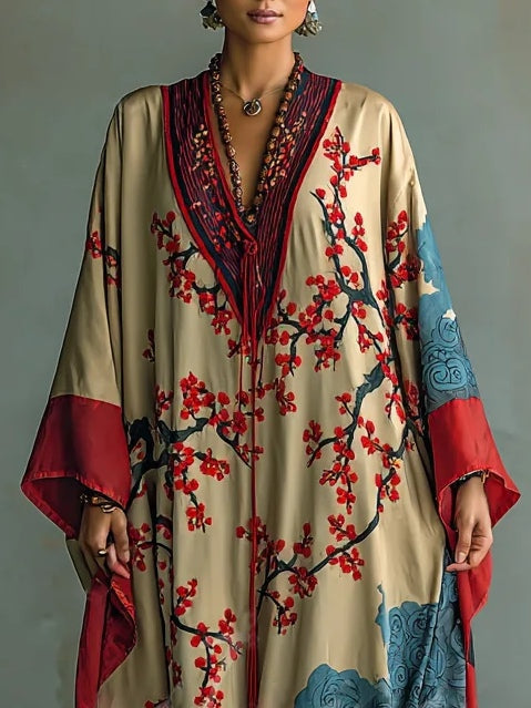 Women's Floral Japanese Plum Maxi Kaftan Dress