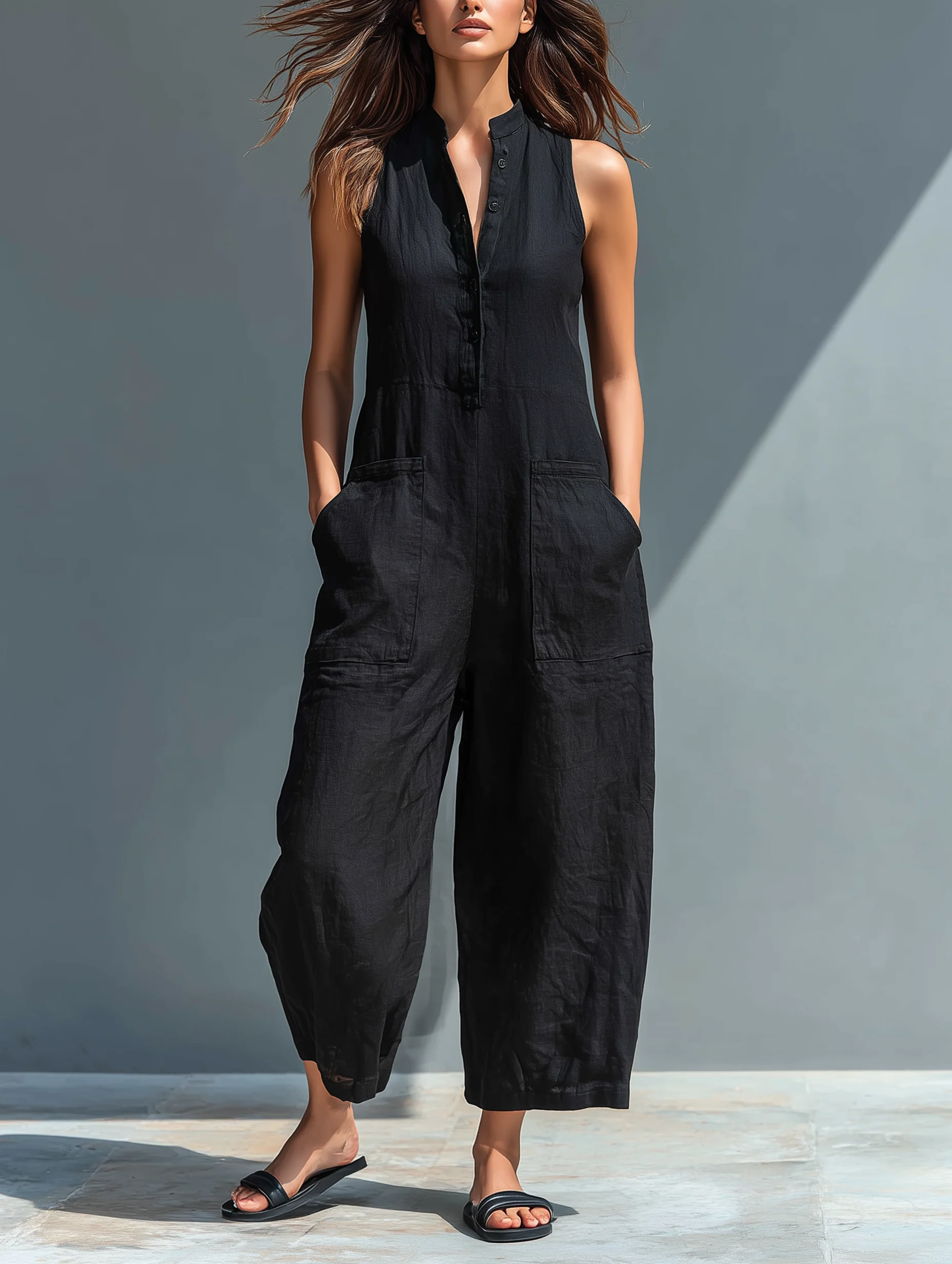 Women's Sleeveless Loose Jumpsuit Button-Up