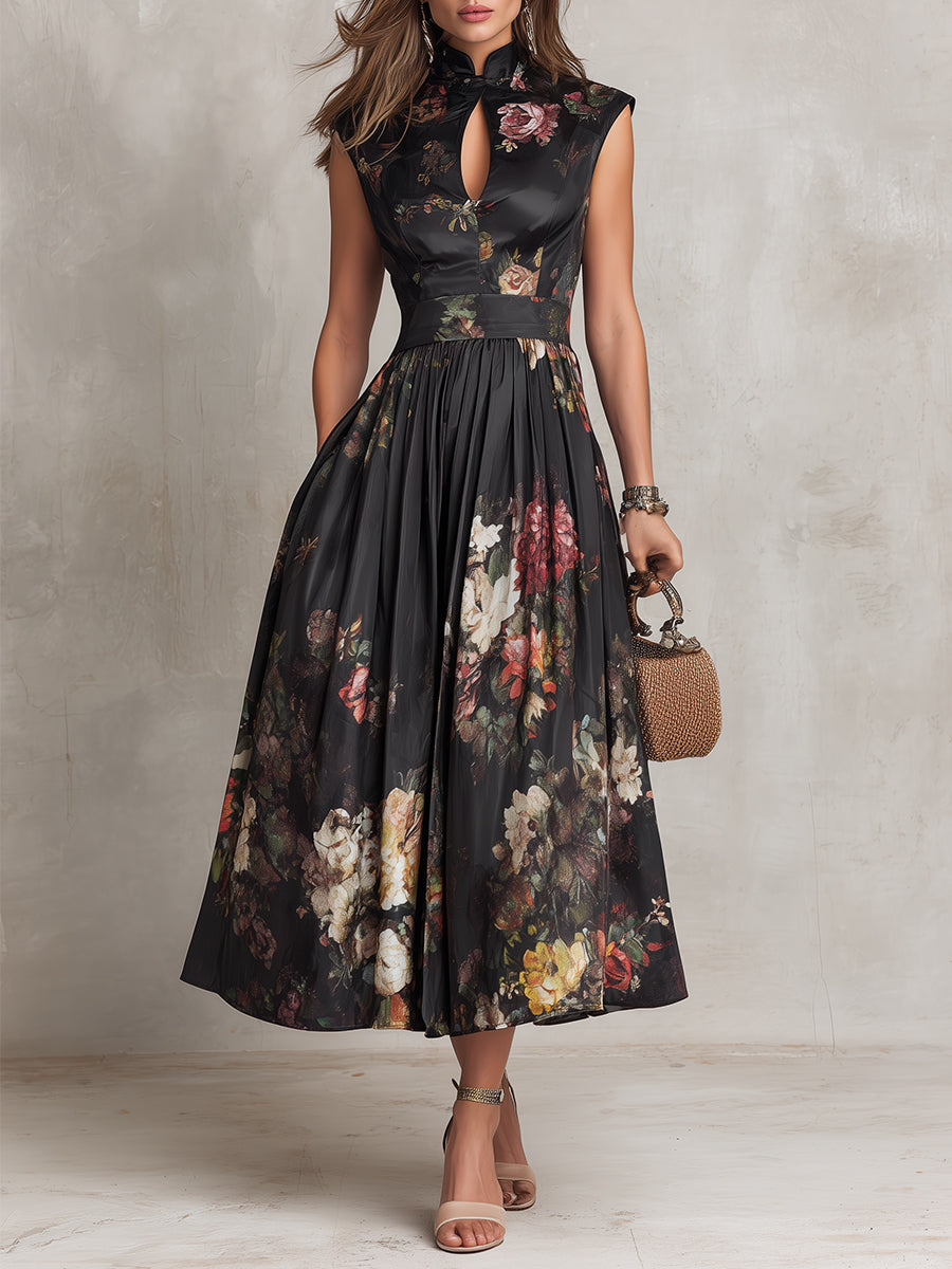 Women’s Floral Midi Dress with Flared Skirt