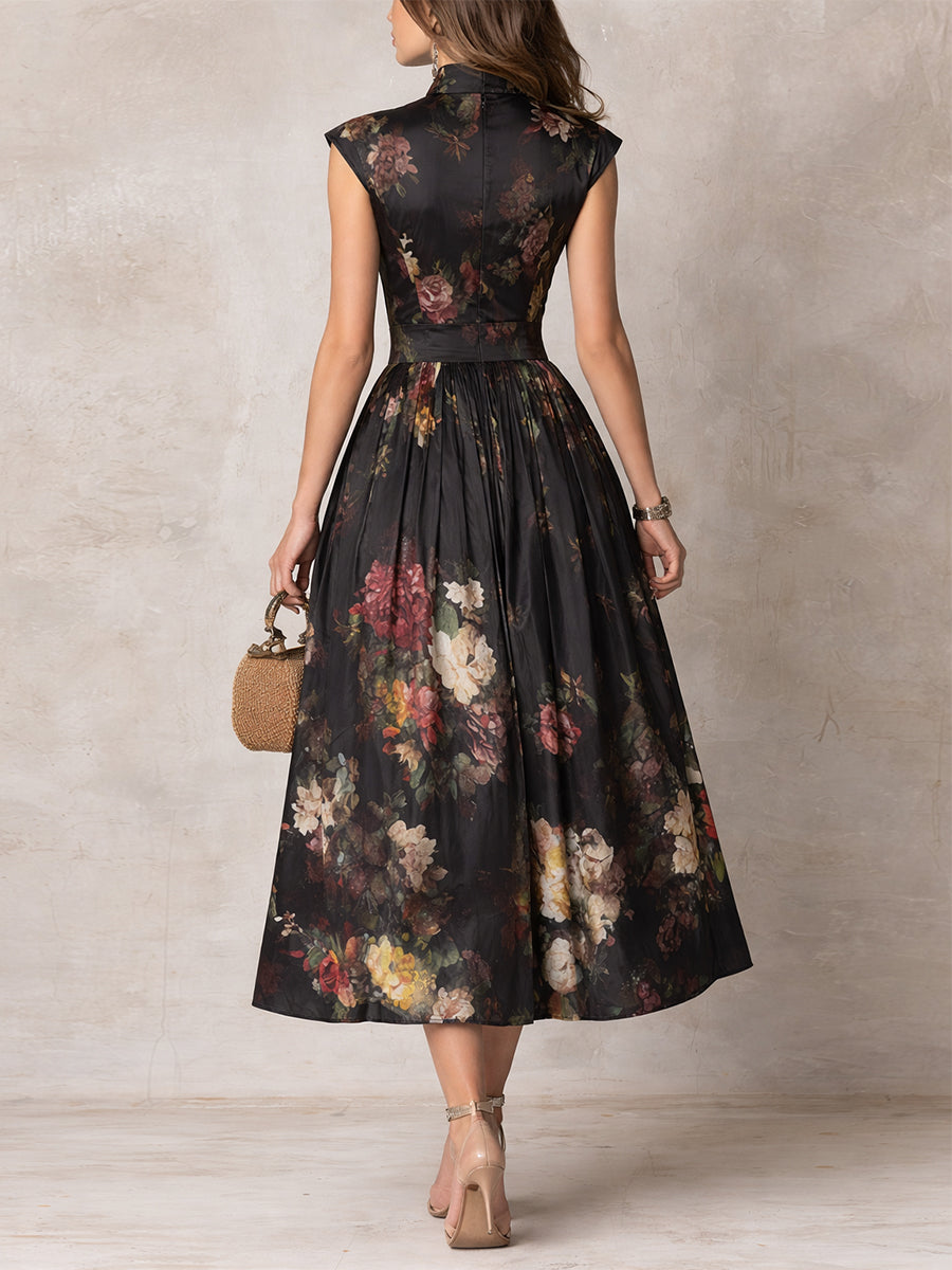 Women’s Floral Midi Dress with Flared Skirt