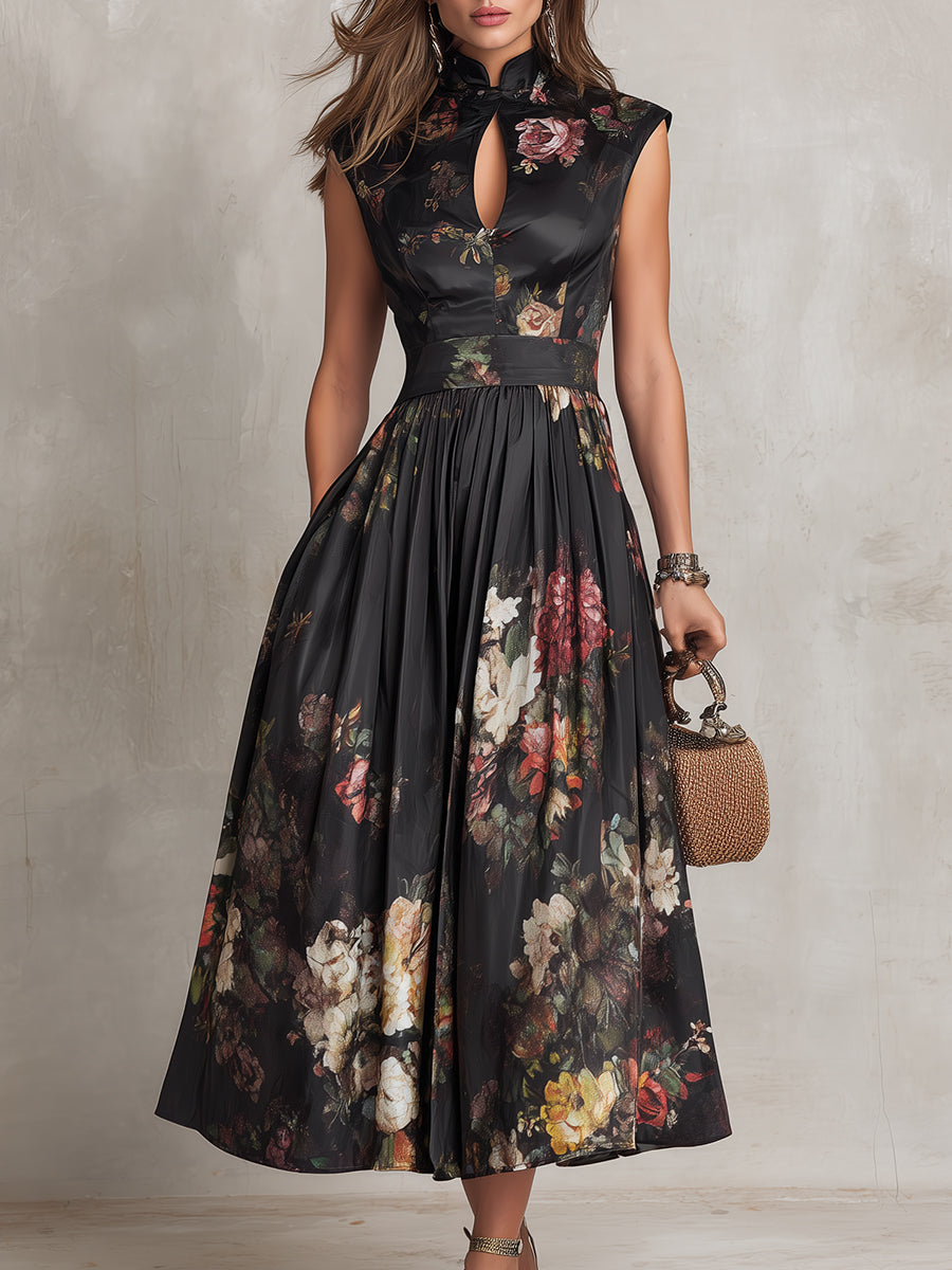 Women’s Floral Midi Dress with Flared Skirt