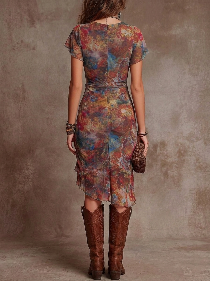 Women's Watercolor Wrap Bohemian Midi Dress