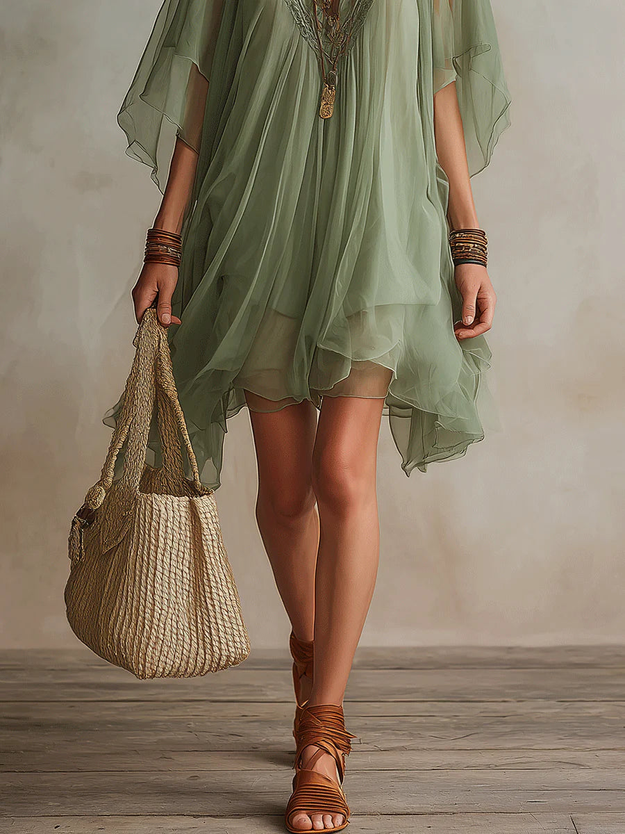 Women's Sheer Flowing Mini Dress with Bohemian Layered Design
