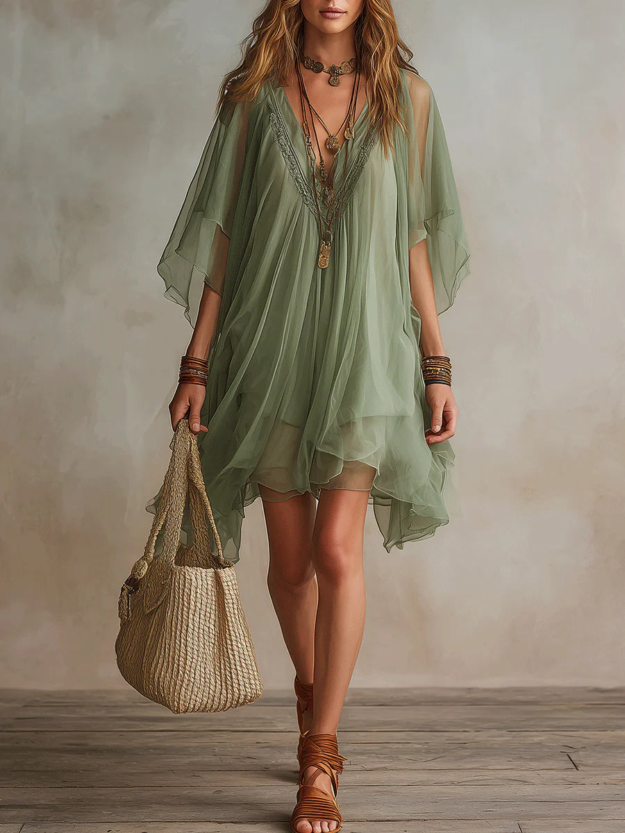 Women's Sheer Flowing Mini Dress with Bohemian Layered Design