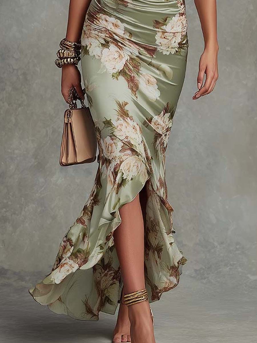 Women's Floral Ruched Maxi Dress with Ruffle Hem