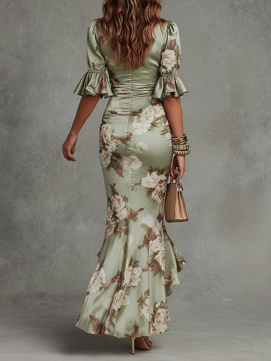 Women's Floral Ruched Maxi Dress with Ruffle Hem
