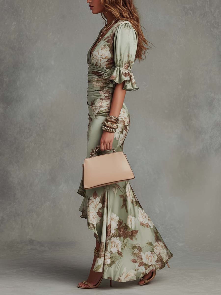 Women's Floral Ruched Maxi Dress with Ruffle Hem